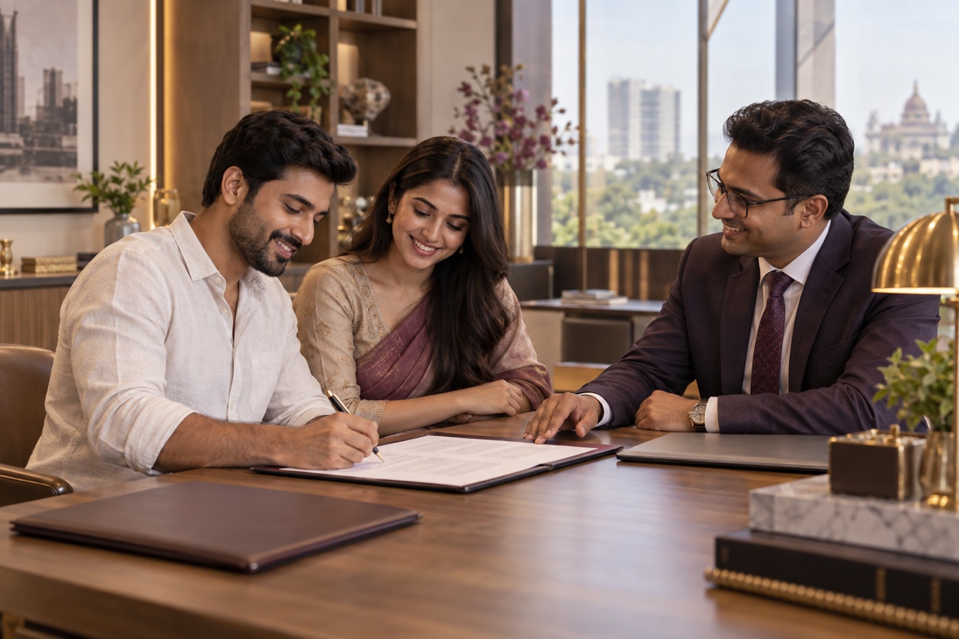Couple completing a property agreement with an advisor in Bengaluru