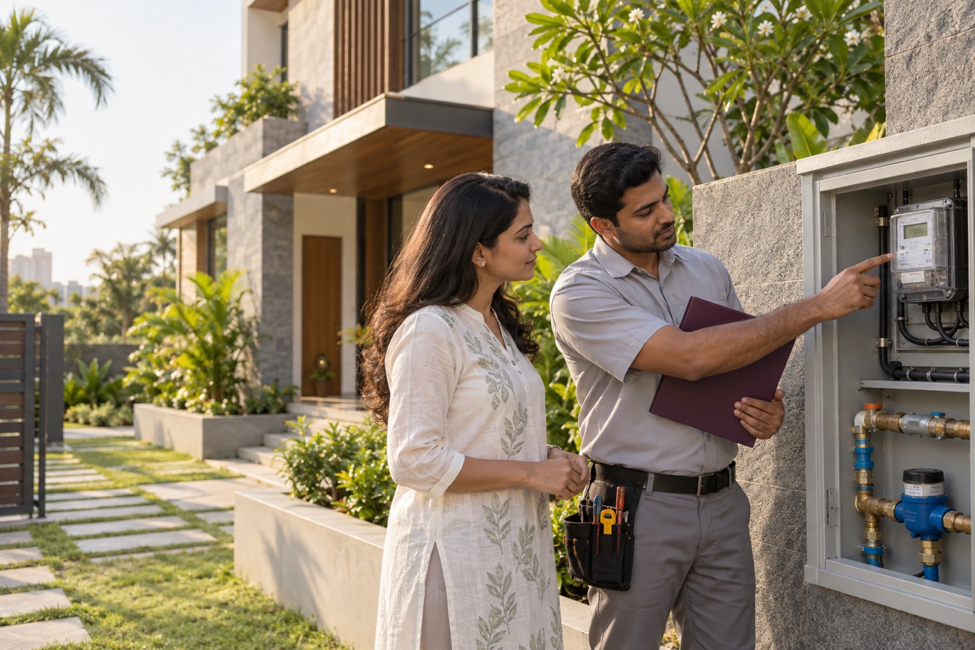 Property specialist explaining electricity and water connections at a Bengaluru villa