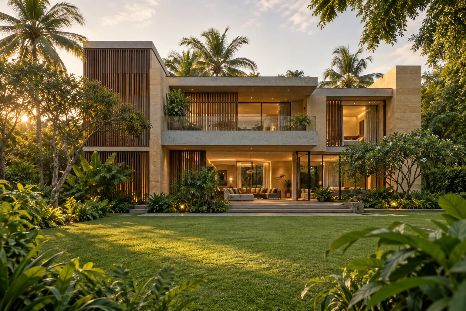 Illustrative contemporary villa surrounded by a tropical garden